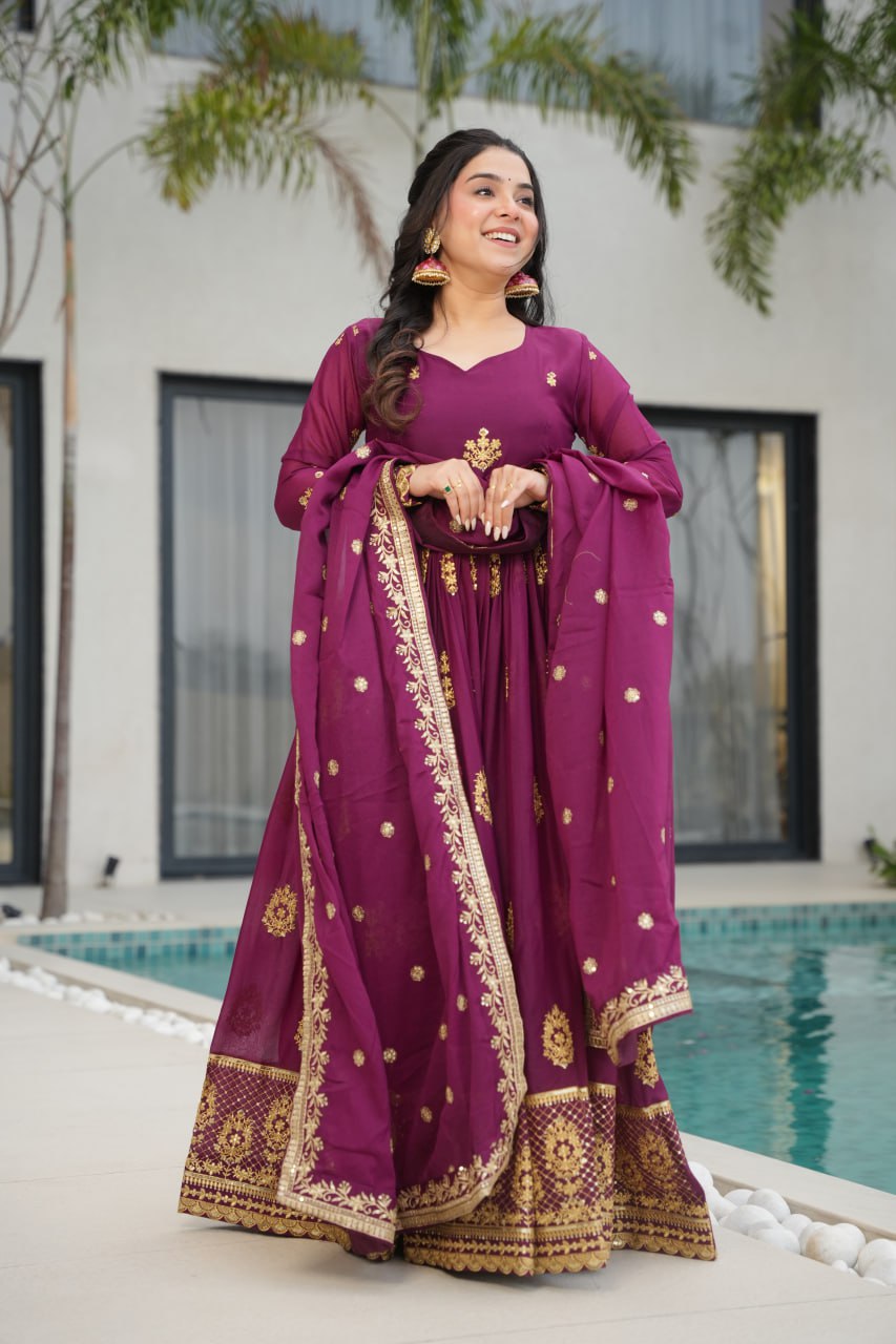 Wine Star Georgette With Embroidery Zari Sequins Work Gown