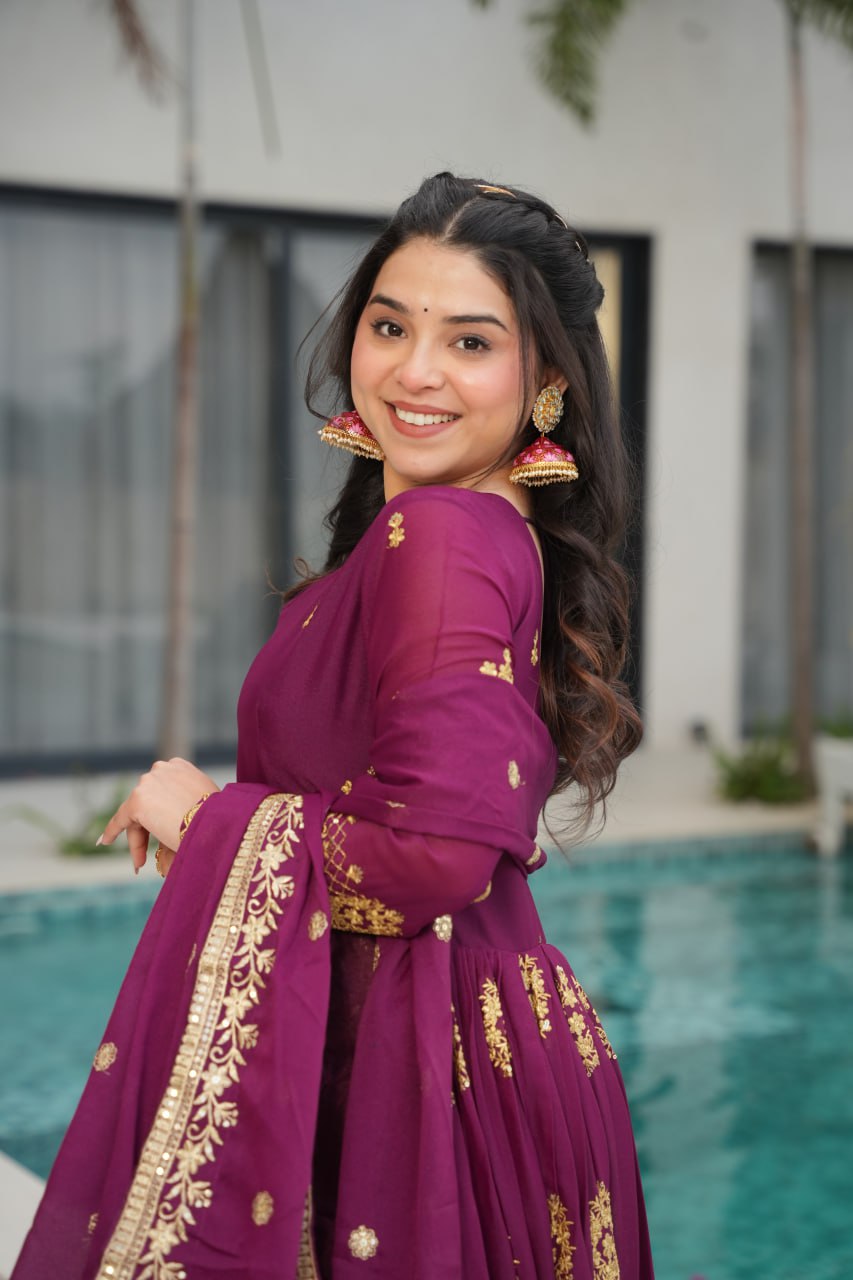 Wine Star Georgette With Embroidery Zari Sequins Work Gown