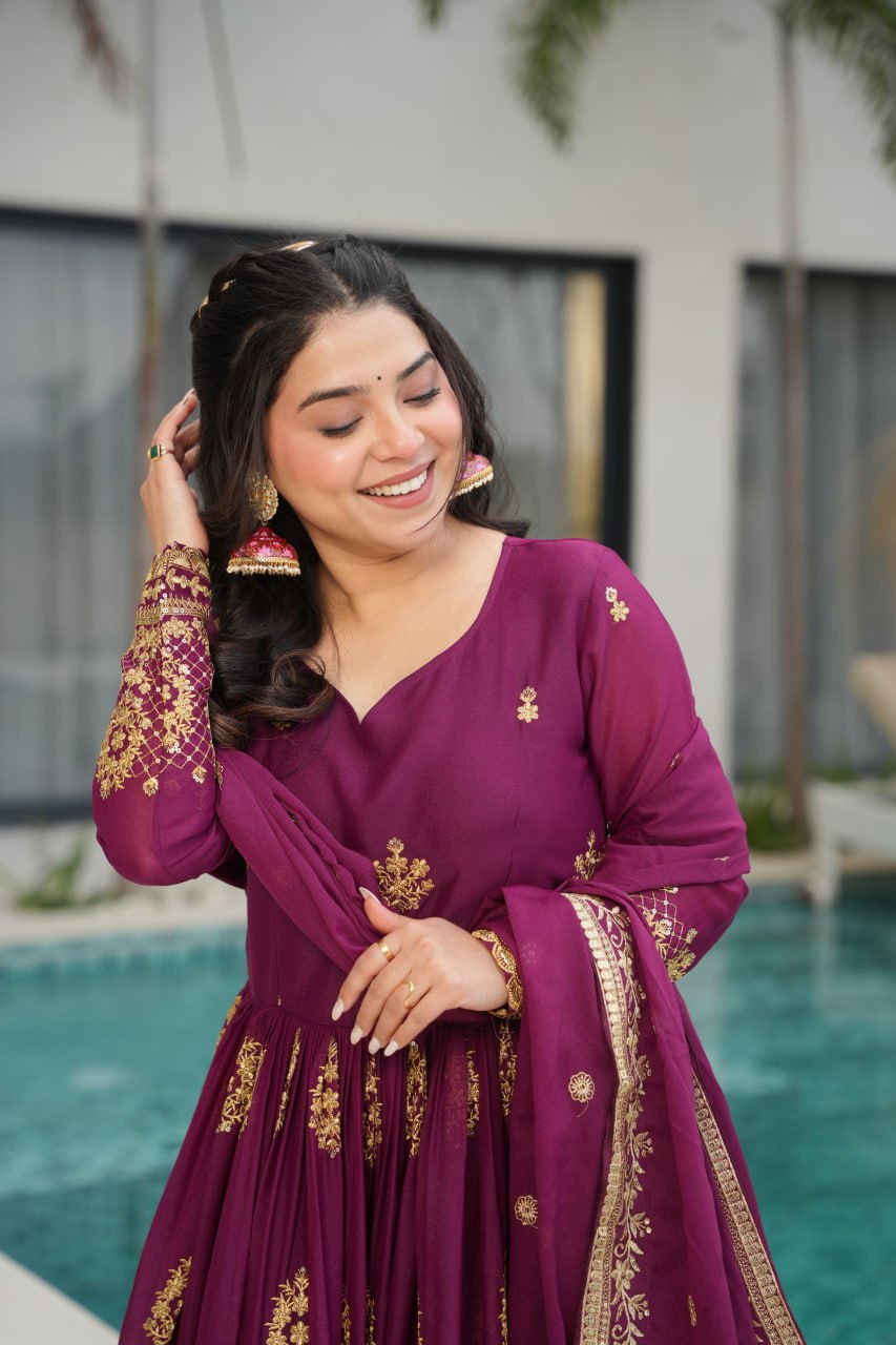 Wine Star Georgette With Embroidery Zari Sequins Work Gown