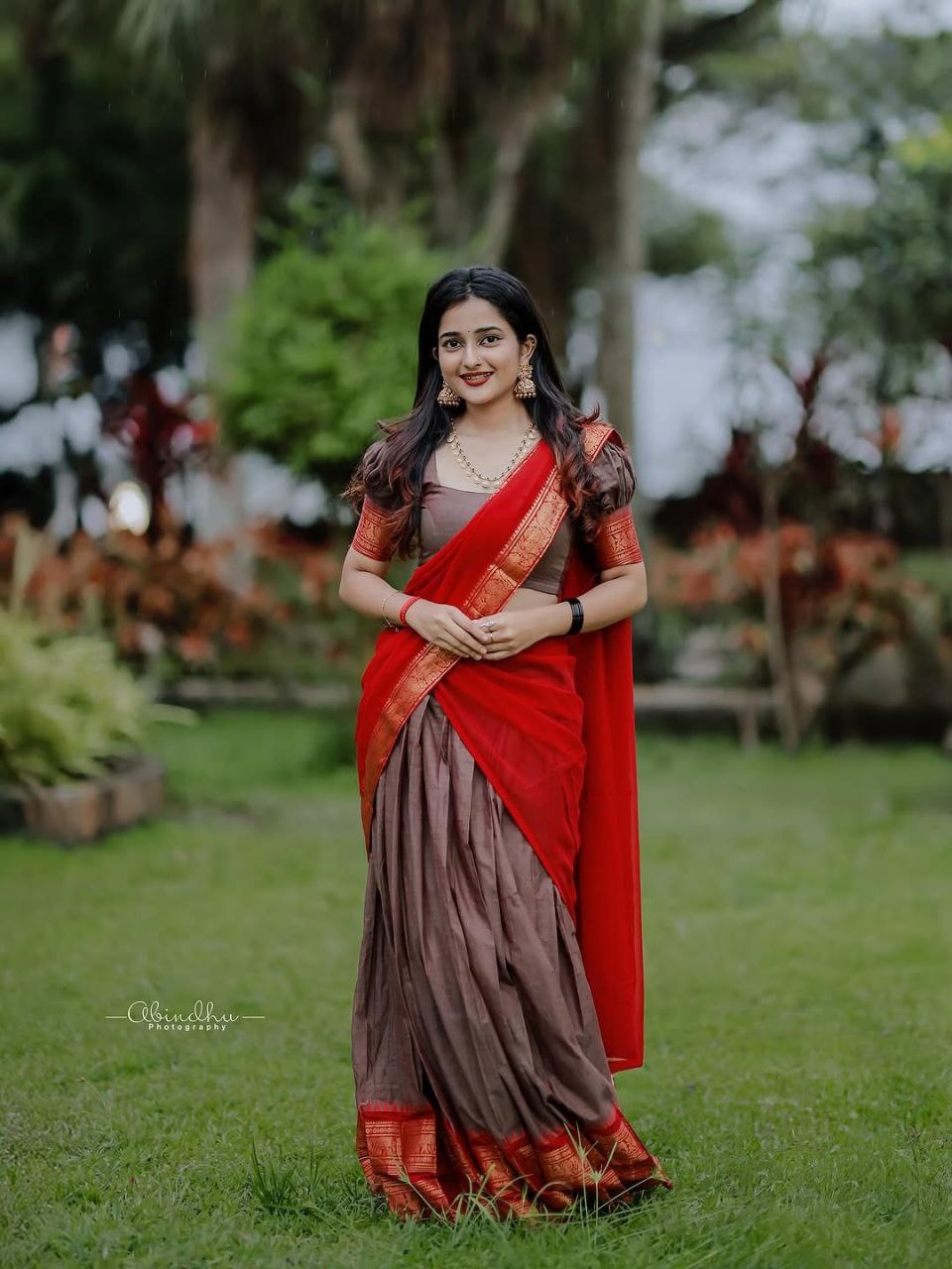 Coffee Brown Kanjivaram Silk Half Saree with Red Dupatta and Gold Zari Weaving Work by The Beauty Queen Surat