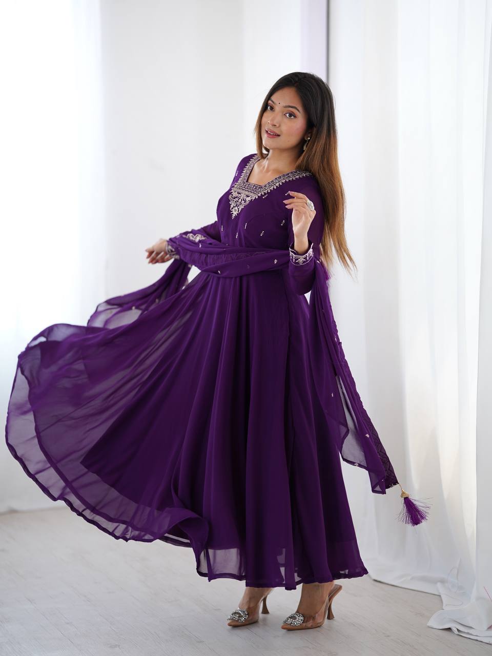 Purple Pure Soft Fox Georgette Fabric Fully Flair Anarkali Salwar Suit
