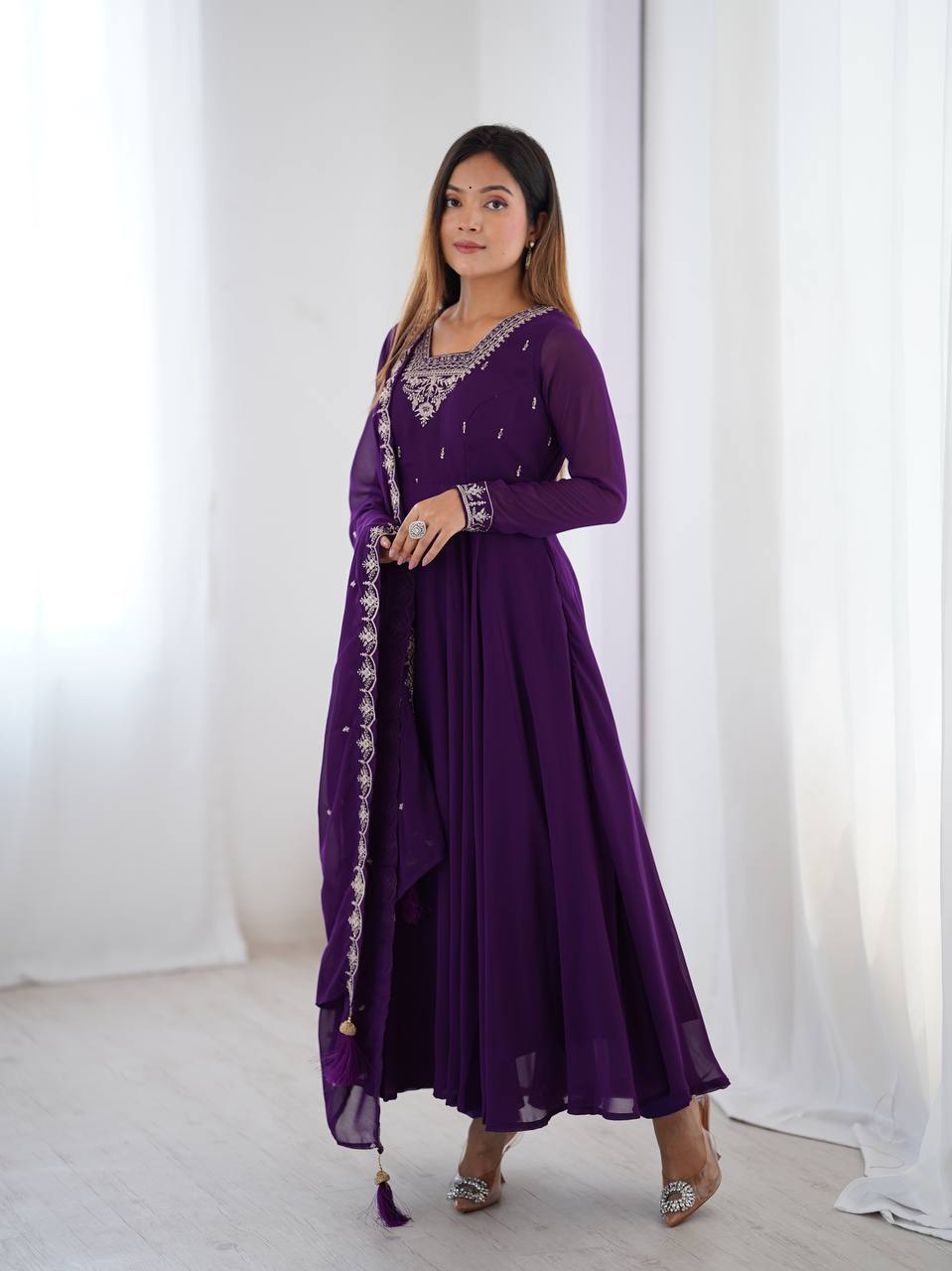 Purple Pure Soft Fox Georgette Fabric Fully Flair Anarkali Salwar Suit