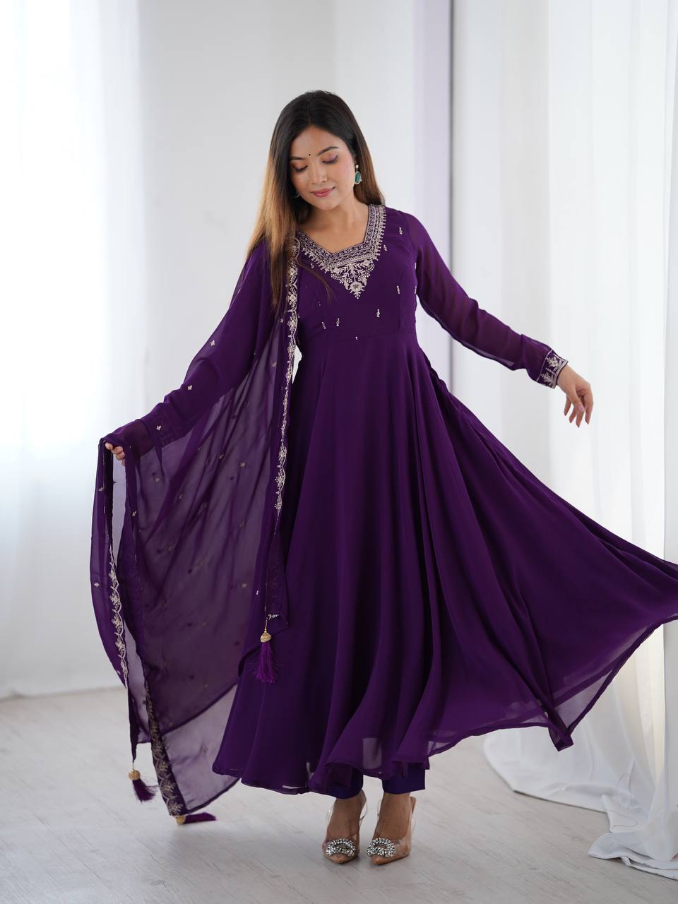 Purple Pure Soft Fox Georgette Fabric Fully Flair Anarkali Salwar Suit