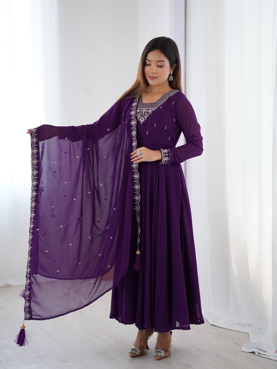 Purple Pure Soft Fox Georgette Fabric Fully Flair Anarkali Salwar Suit