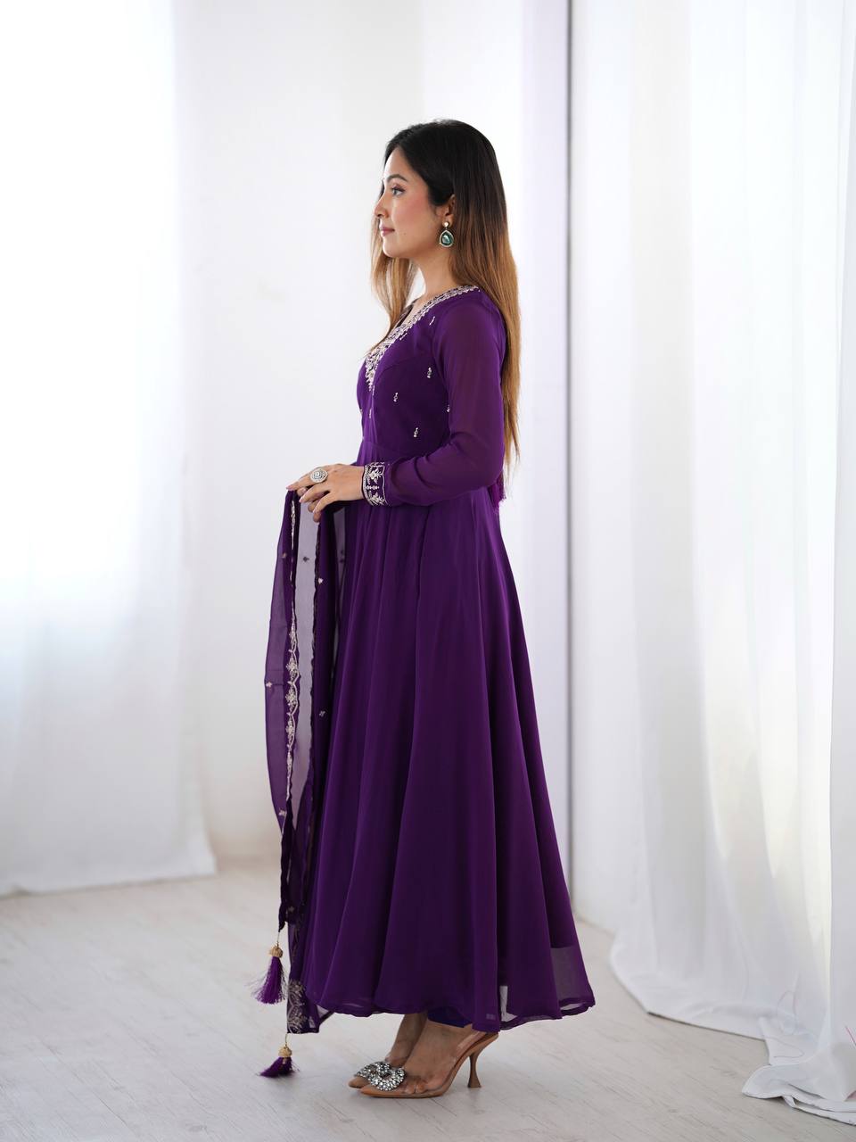 Purple Pure Soft Fox Georgette Fabric Fully Flair Anarkali Salwar Suit