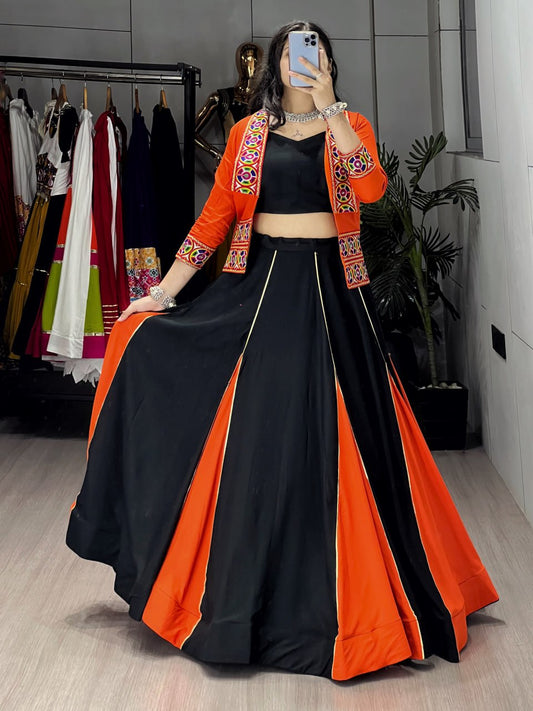 Orange Pure Rayon CottonMulti Colored Panel Box Pattern Navratri Lehenga Choli