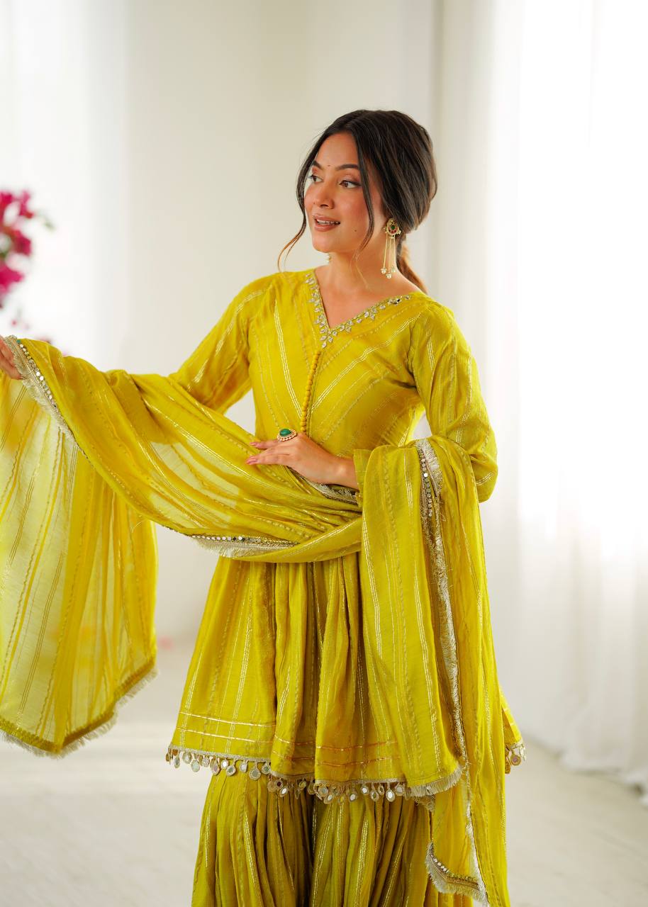 Lime Yellow Chanderi Silk Sharara Set with Real Mirror & Handwork Embroidery