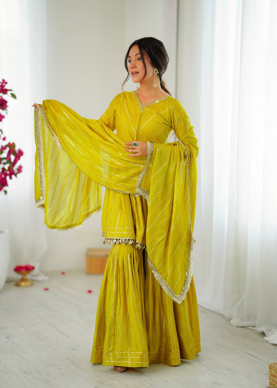 Lime Yellow Chanderi Silk Sharara Set with Real Mirror Handwork by The Beauty Queen Surat
