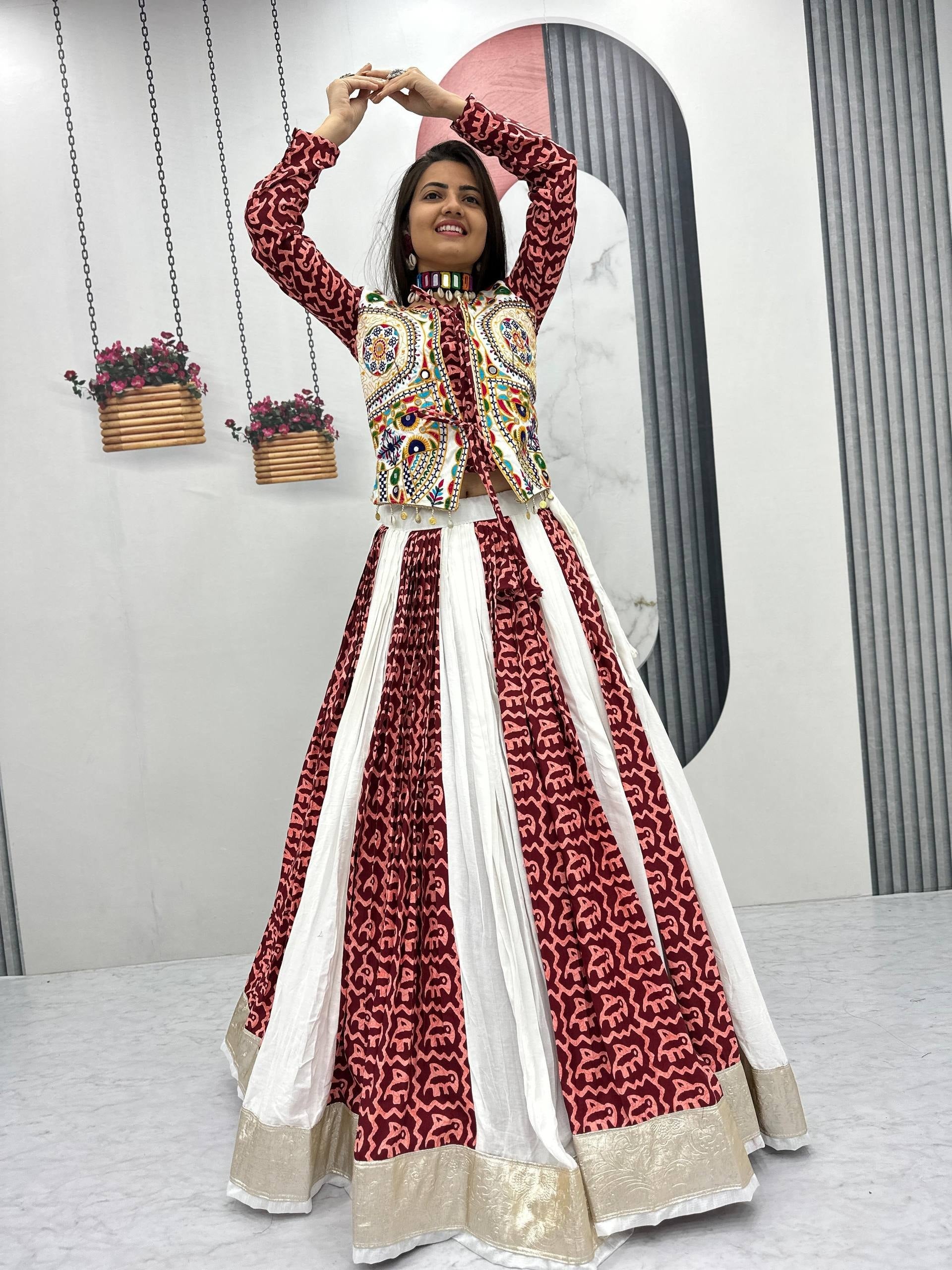 Gamthi work Navratri chaniya choli maroon with mirror work jacket for dandiya
