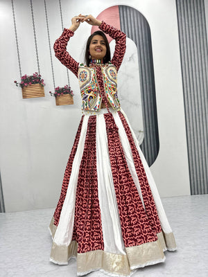 Gamthi work Navratri chaniya choli maroon with mirror work jacket for dandiya
