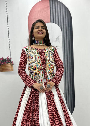 Navratri lehenga cotton with Gujarati Gamthi embroidery koti and gold zari border
