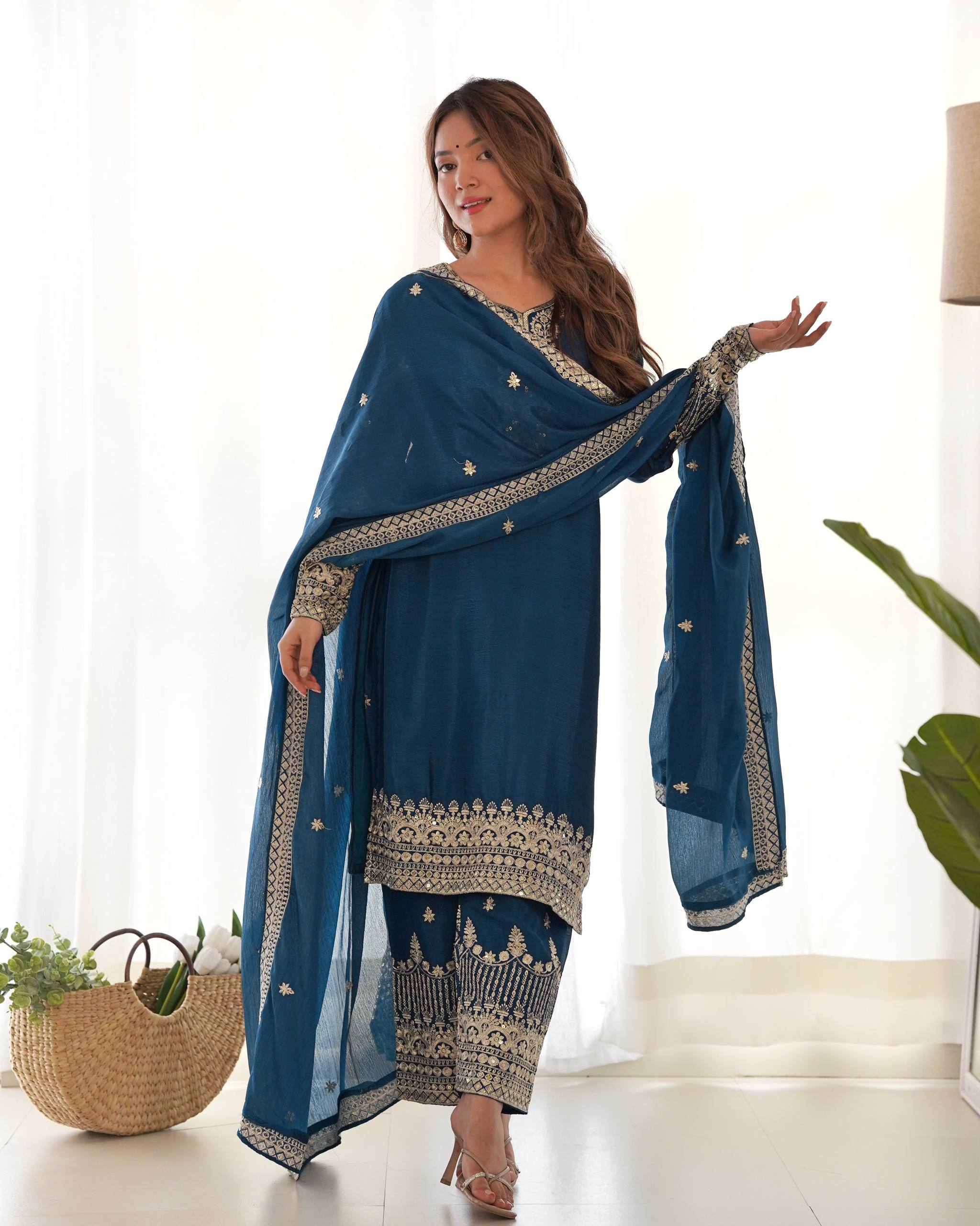 Navy Blue Pure Chinon Silk Embroidery Sequence Work Salwar Suit – Designer Festive Party Wear Suit