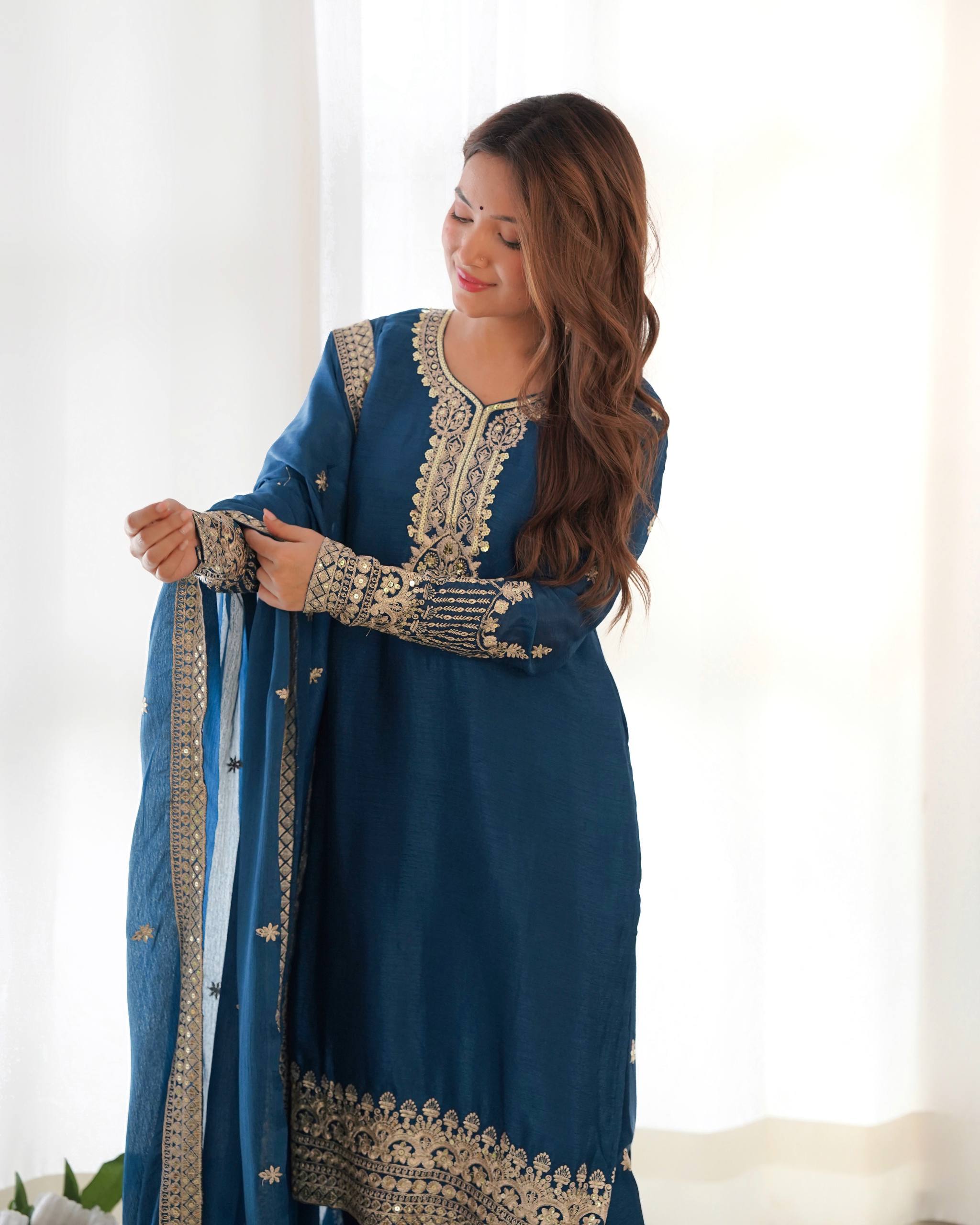 Navy Blue Pure Chinon Silk Embroidery Sequence Work Salwar Suit – Designer Festive Party Wear Suit