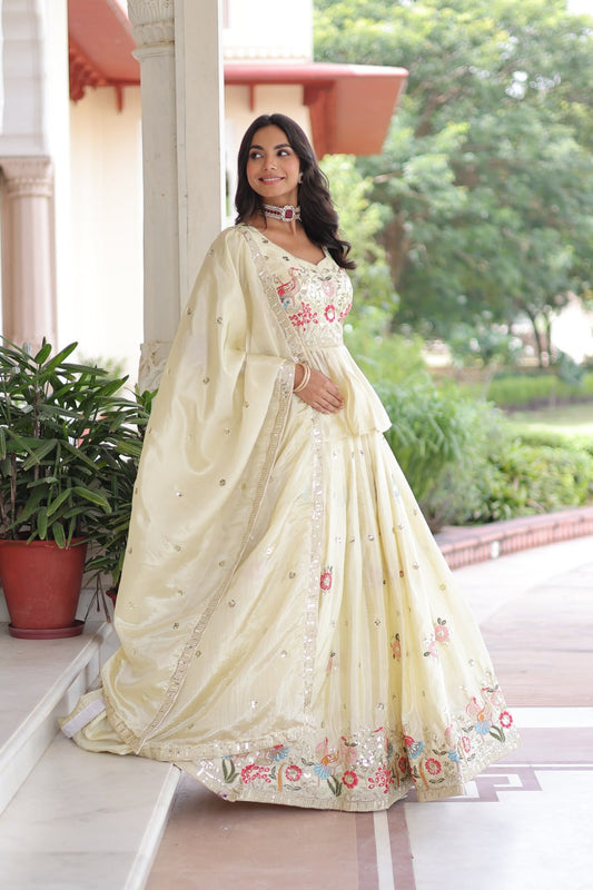 Off White Gold Crush With Multi Thread Embroidery Zari Sequins Work Lehenga Choli