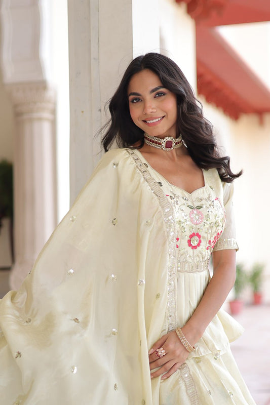 Off White Gold Crush With Multi Thread Embroidery Zari Sequins Work Lehenga Choli