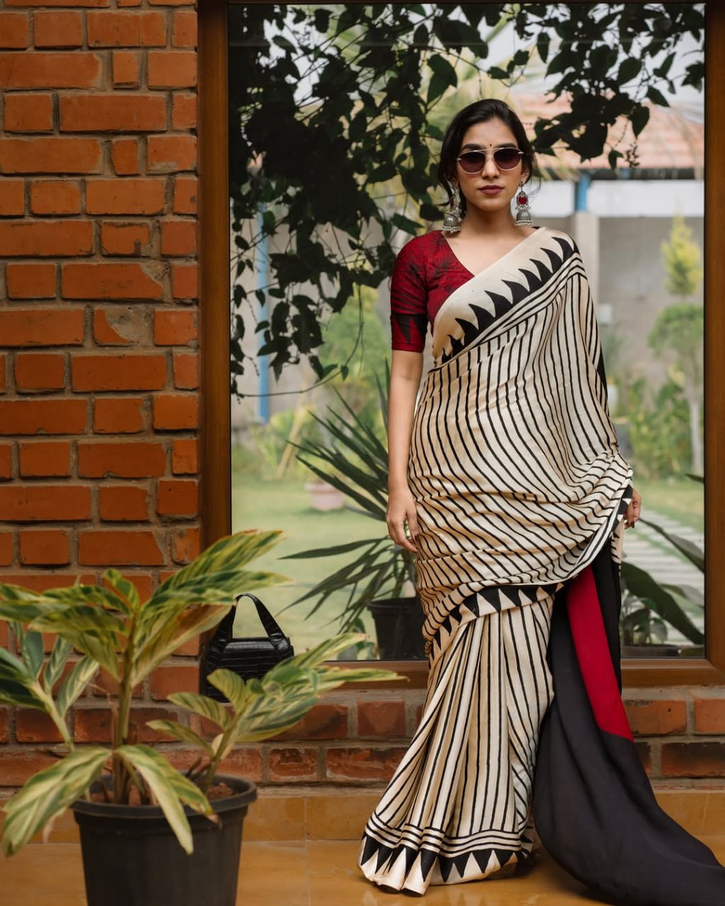 White & Black Semi Gajji Silk Ajrakh Saree with Rich Pallu – Traditional Designer Saree