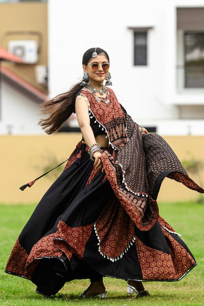 Coffee Rajwadi Pure Cotton Plain And Printed Kodi Work Navratri Lehenga Choli