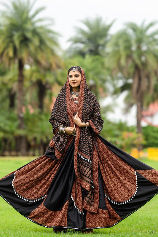 Coffee Rajwadi Pure Cotton Plain And Printed Kodi Work Navratri Lehenga Choli