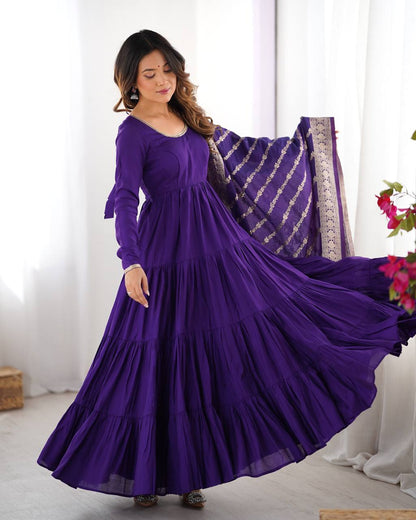 Purple Chanderi Silk Full Churidar Sleeves Lace Work Anarkali Salwar Suit