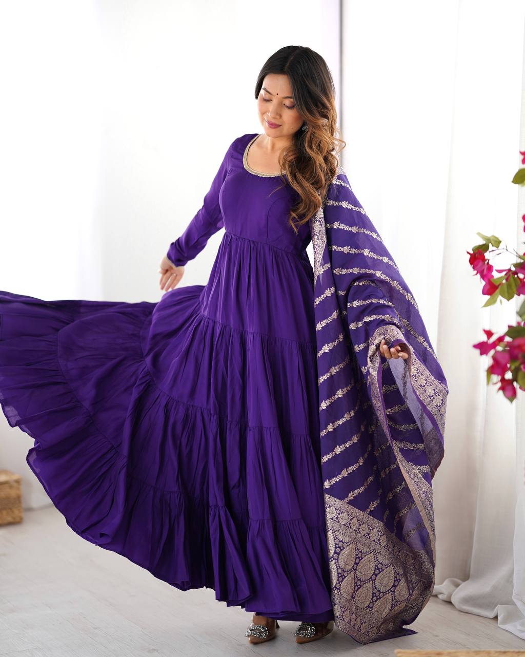 Purple Chanderi Silk Full Churidar Sleeves Lace Work Anarkali Salwar Suit