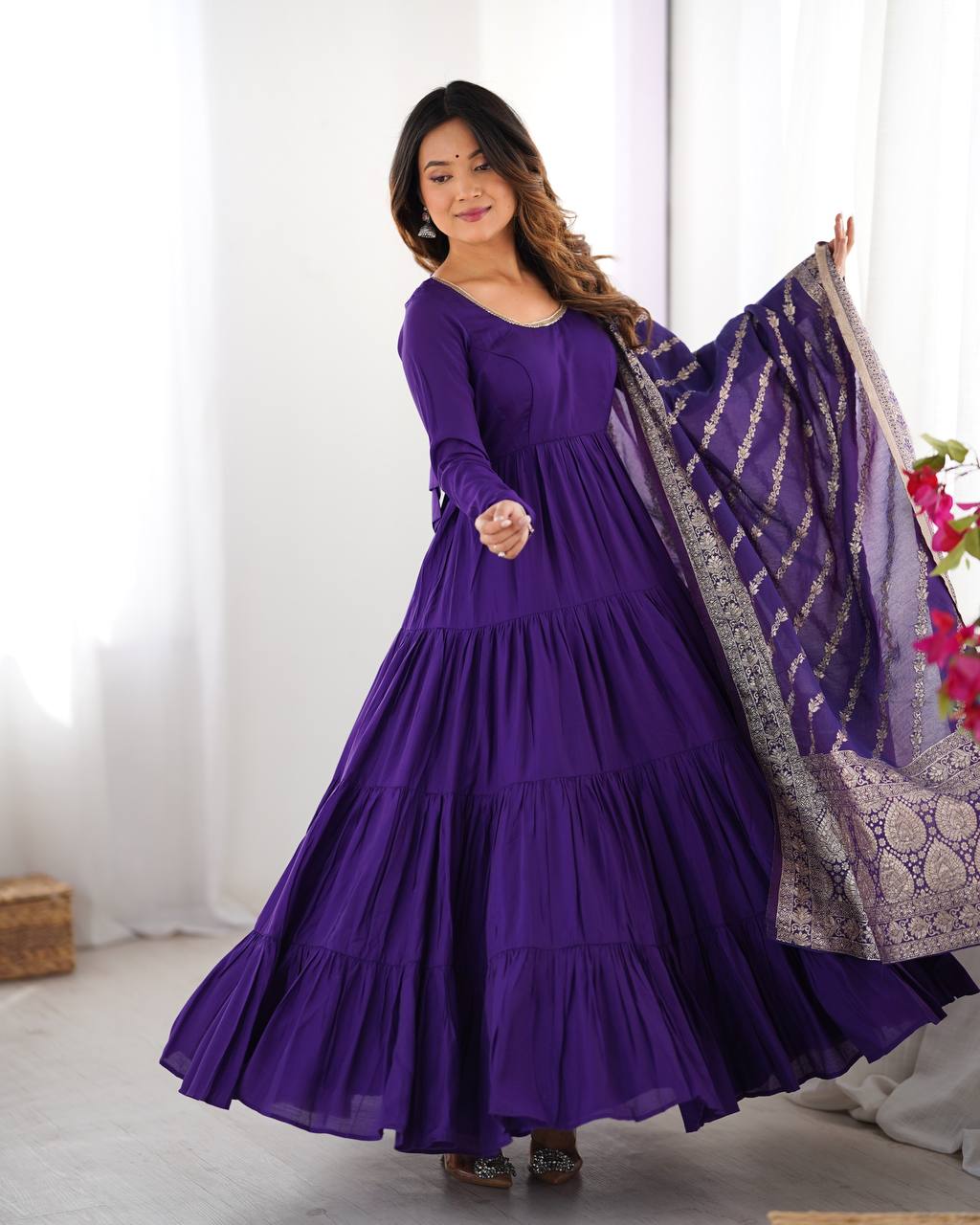 Purple Chanderi Silk Full Churidar Sleeves Lace Work Anarkali Salwar Suit