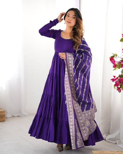 Purple Chanderi Silk Full Churidar Sleeves Lace Work Anarkali Salwar Suit