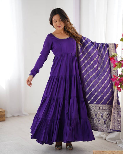 Purple Chanderi Silk Full Churidar Sleeves Lace Work Anarkali Salwar Suit