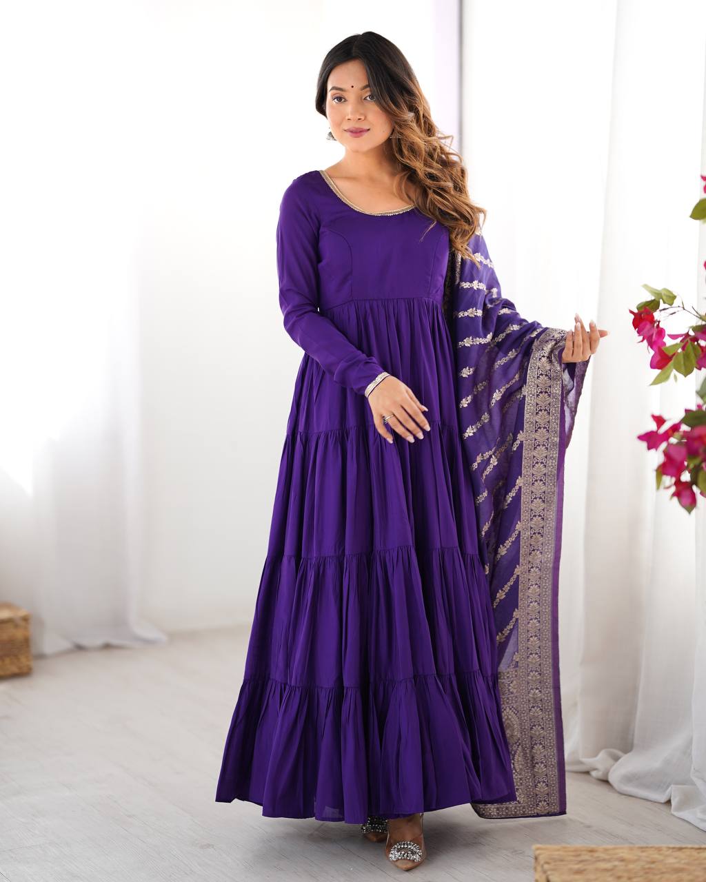 Purple Chanderi Silk Full Churidar Sleeves Lace Work Anarkali Salwar Suit