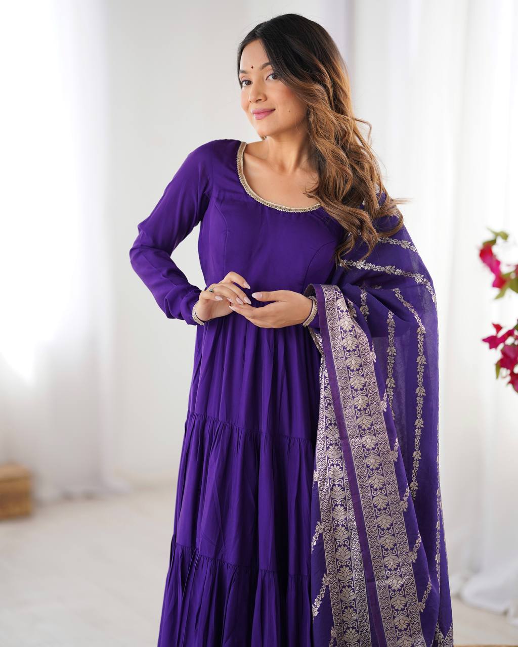 Purple Chanderi Silk Full Churidar Sleeves Lace Work Anarkali Salwar Suit