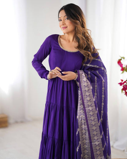 Purple Chanderi Silk Full Churidar Sleeves Lace Work Anarkali Salwar Suit