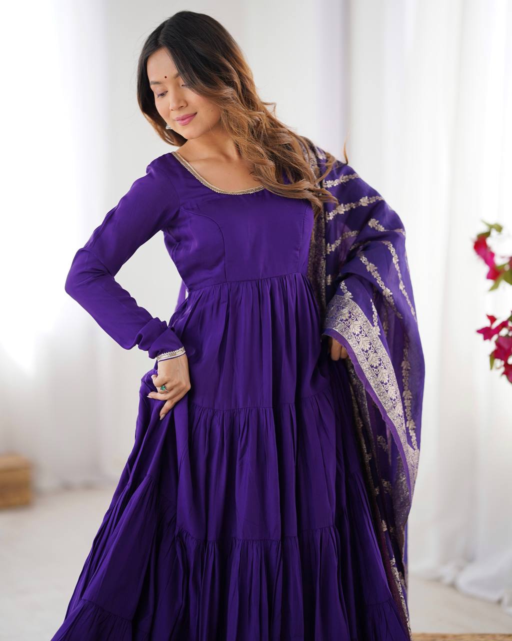 Purple Chanderi Silk Full Churidar Sleeves Lace Work Anarkali Salwar Suit