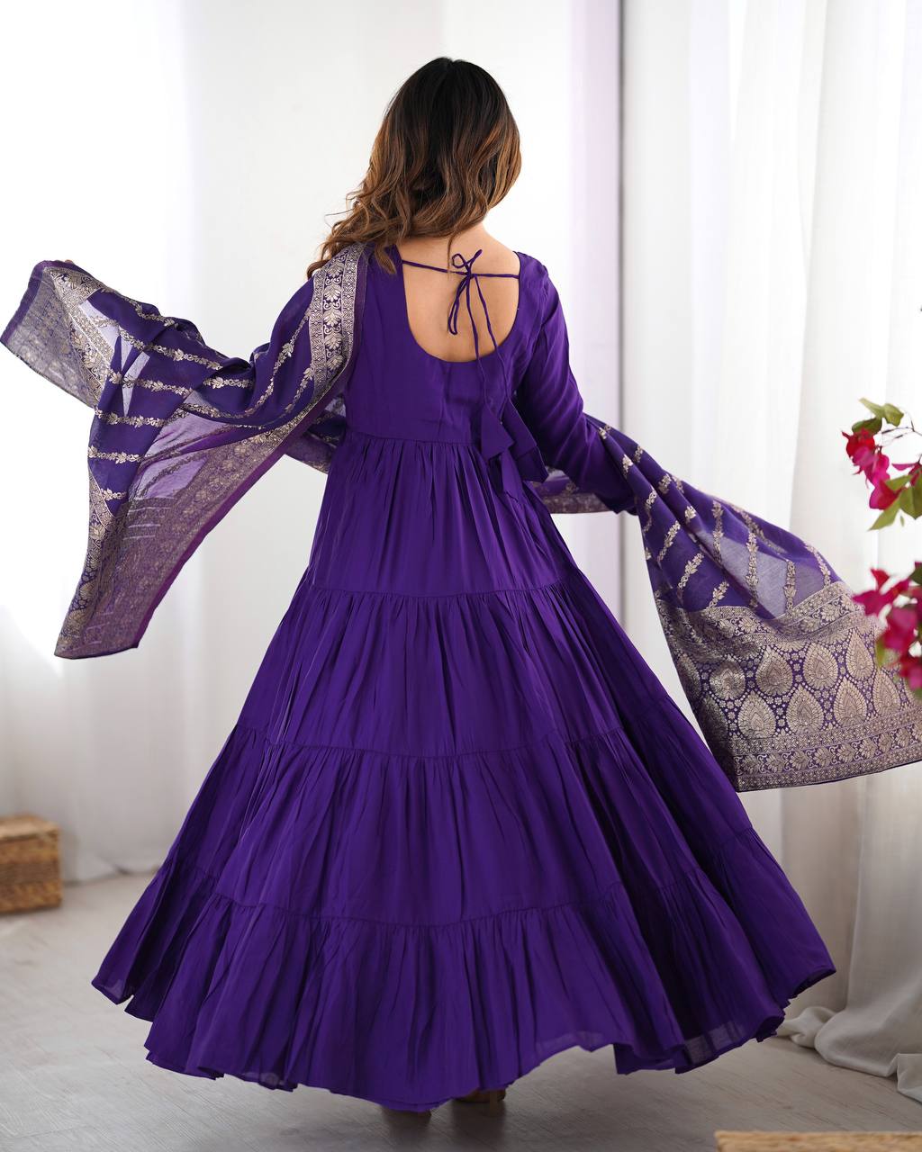 Purple Chanderi Silk Full Churidar Sleeves Lace Work Anarkali Salwar Suit