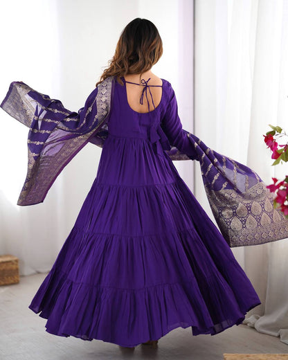 Purple Chanderi Silk Full Churidar Sleeves Lace Work Anarkali Salwar Suit