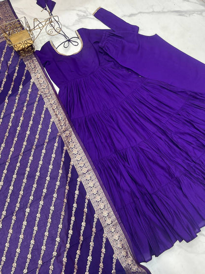 Purple Chanderi Silk Full Churidar Sleeves Lace Work Anarkali Salwar Suit