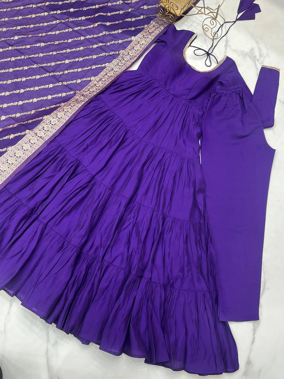 Purple Chanderi Silk Full Churidar Sleeves Lace Work Anarkali Salwar Suit