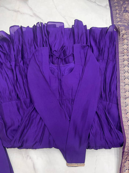 Purple Chanderi Silk Full Churidar Sleeves Lace Work Anarkali Salwar Suit