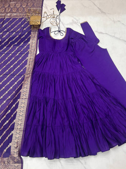 Purple Chanderi Silk Full Churidar Sleeves Lace Work Anarkali Salwar Suit