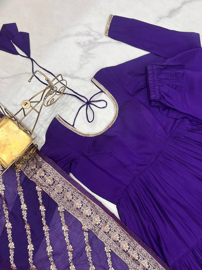 Purple Chanderi Silk Full Churidar Sleeves Lace Work Anarkali Salwar Suit