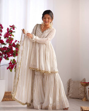 Off White Chanderi Silk Sharara Set with Real Mirror Handwork and Designer Lace by The Beauty Queen Surat