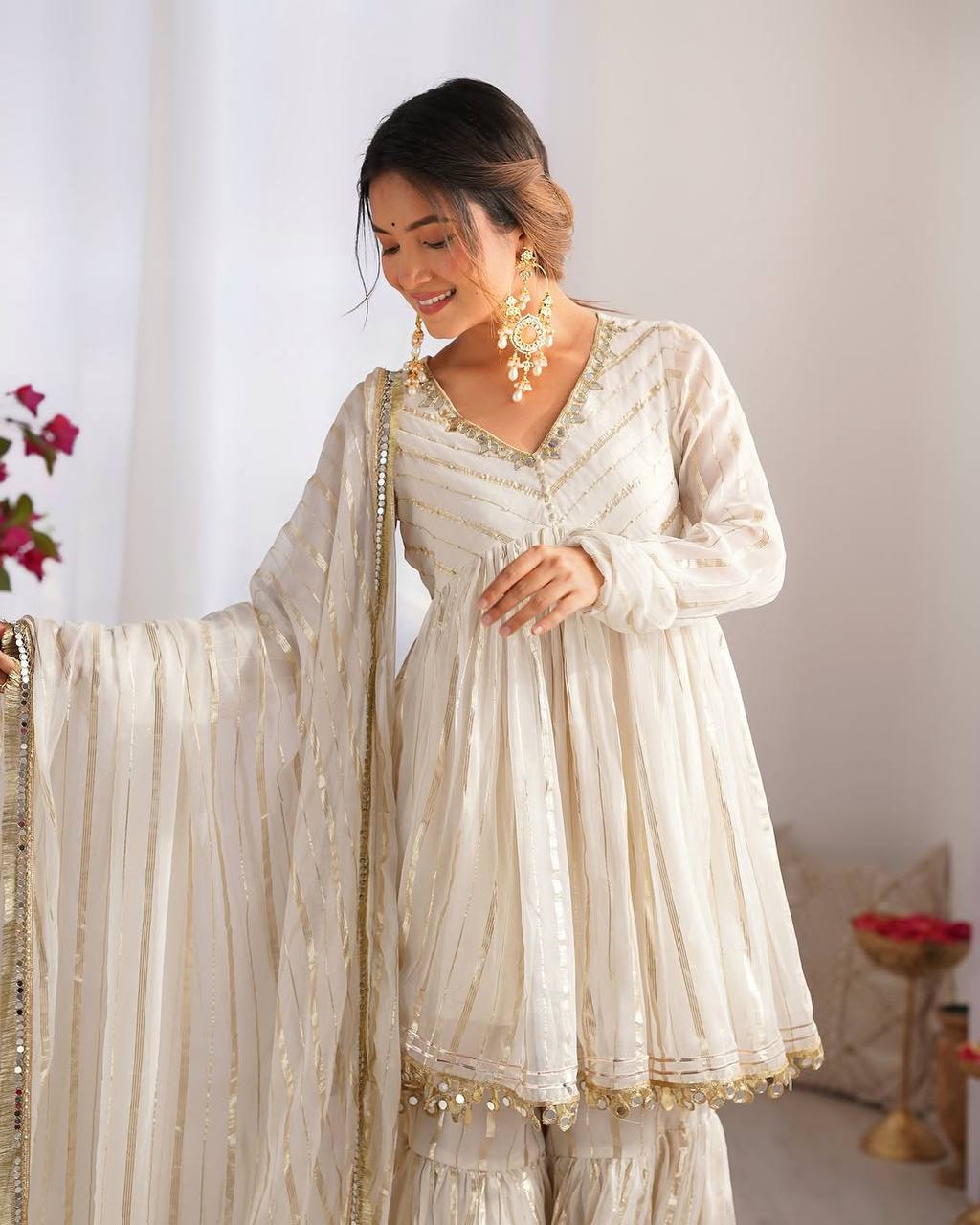 Off White Chanderi Silk Sharara Set with Real Mirror Work & Handwork Embroidery