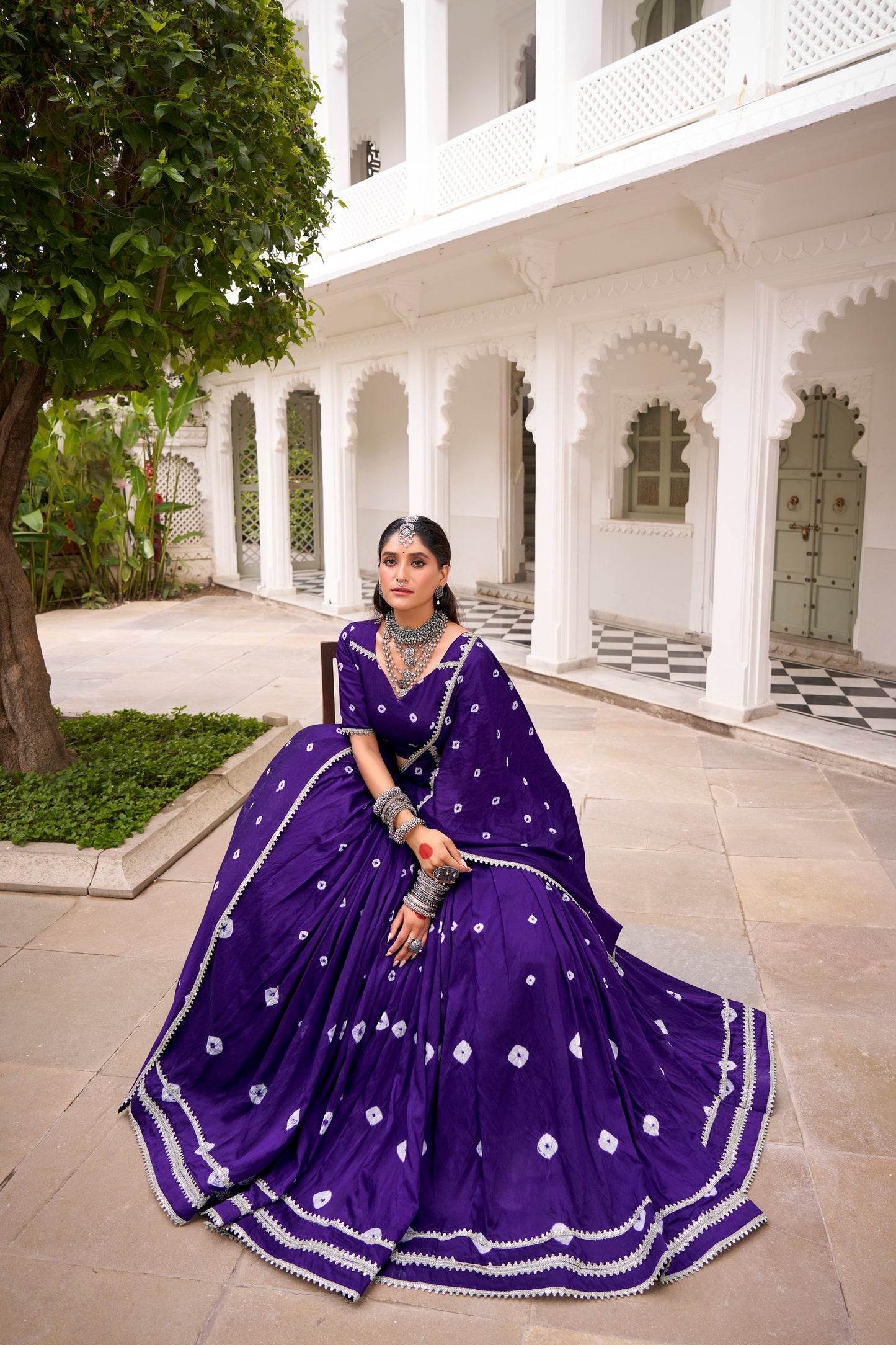 Purple Pure Chanderi Bandhej Print Navratri Lehenga Choli