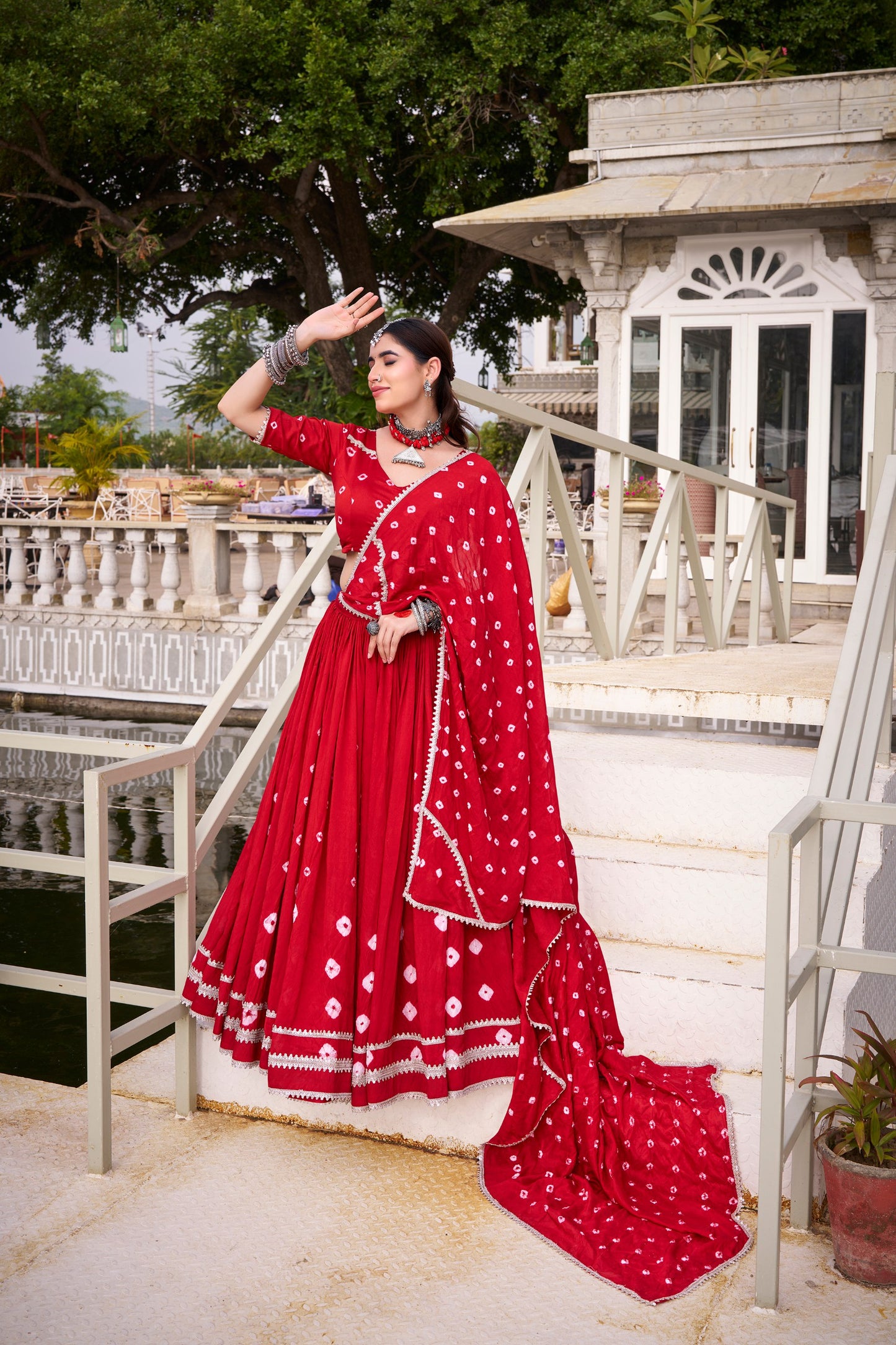 Red Pure Chanderi Bandhej Print Navratri Lehenga Choli
