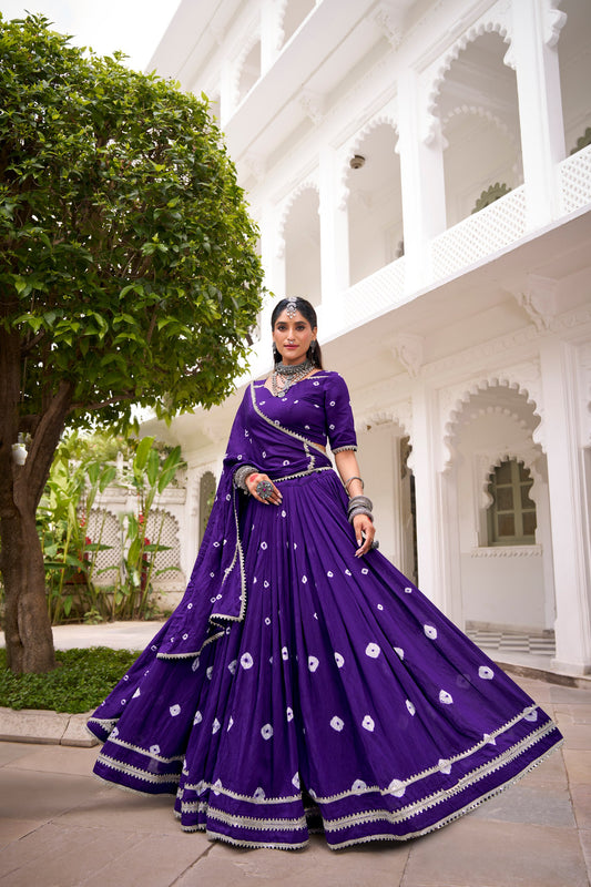 Purple Pure Chanderi Bandhej Print Navratri Lehenga Choli