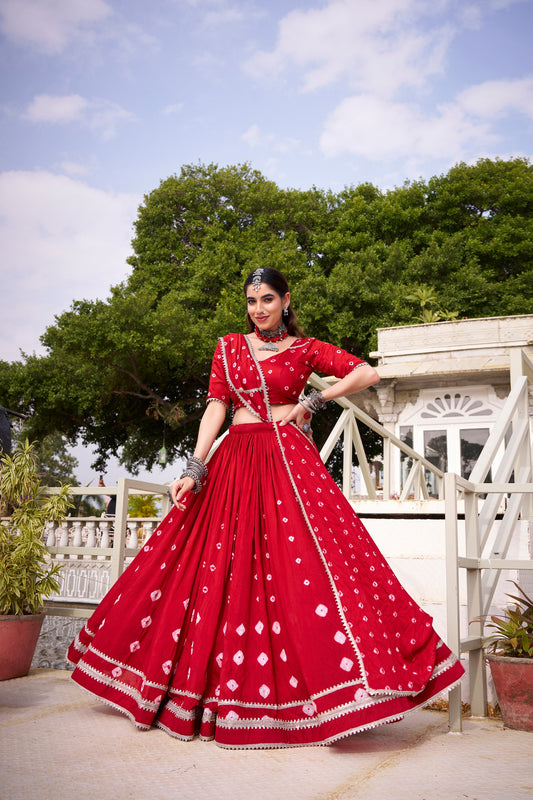 Red Pure Chanderi Bandhej Print Navratri Lehenga Choli