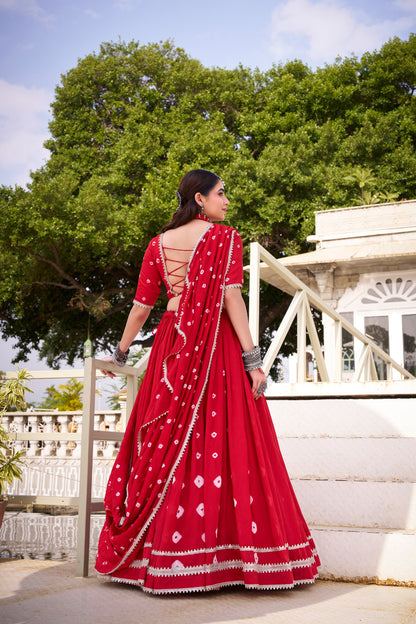 Red Pure Chanderi Bandhej Print Navratri Lehenga Choli
