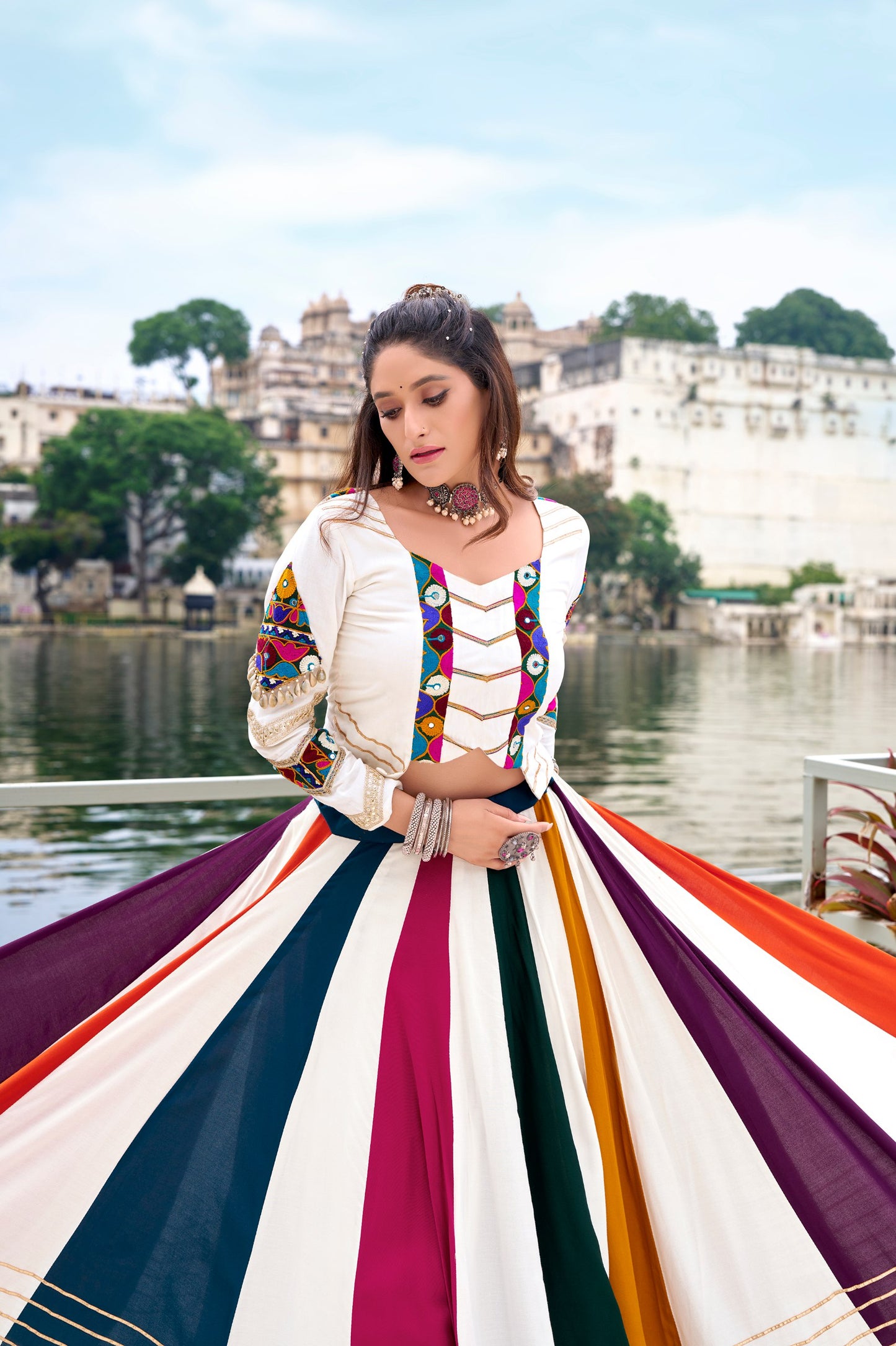 White Pure Rayon Mirror Gamthi Work Navratri Lehenga Choli