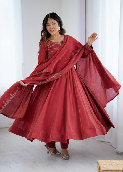 Maroon Chanderi Silk Festivities And Weddings Anarkali Salwar Suit