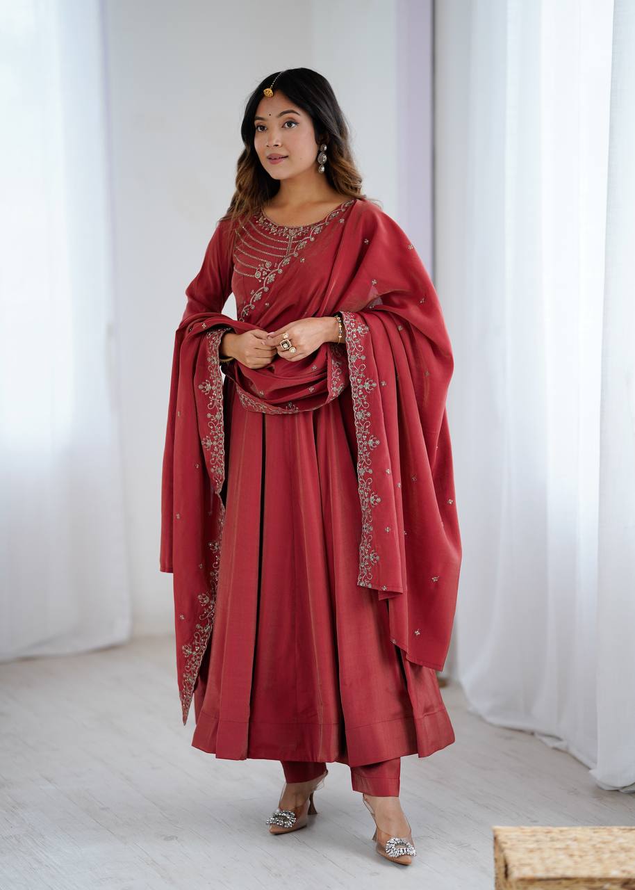 Maroon Chanderi Silk Festivities And Weddings Anarkali Salwar Suit