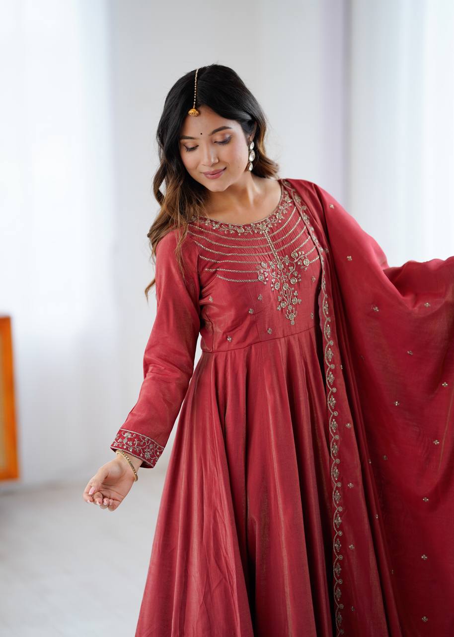 Maroon Chanderi Silk Festivities And Weddings Anarkali Salwar Suit