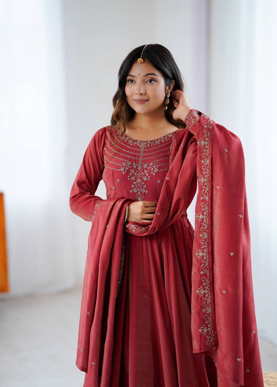 Maroon Chanderi Silk Festivities And Weddings Anarkali Salwar Suit